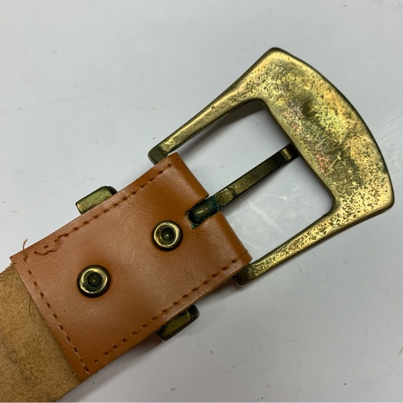 Vintage ornate brass buckle tan leather belt L - Picture 4 of 10